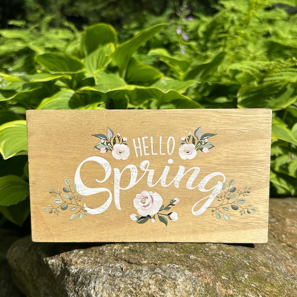 “Hello Spring” Wood Block Sign | Floral Cottagecore Shelf Decor